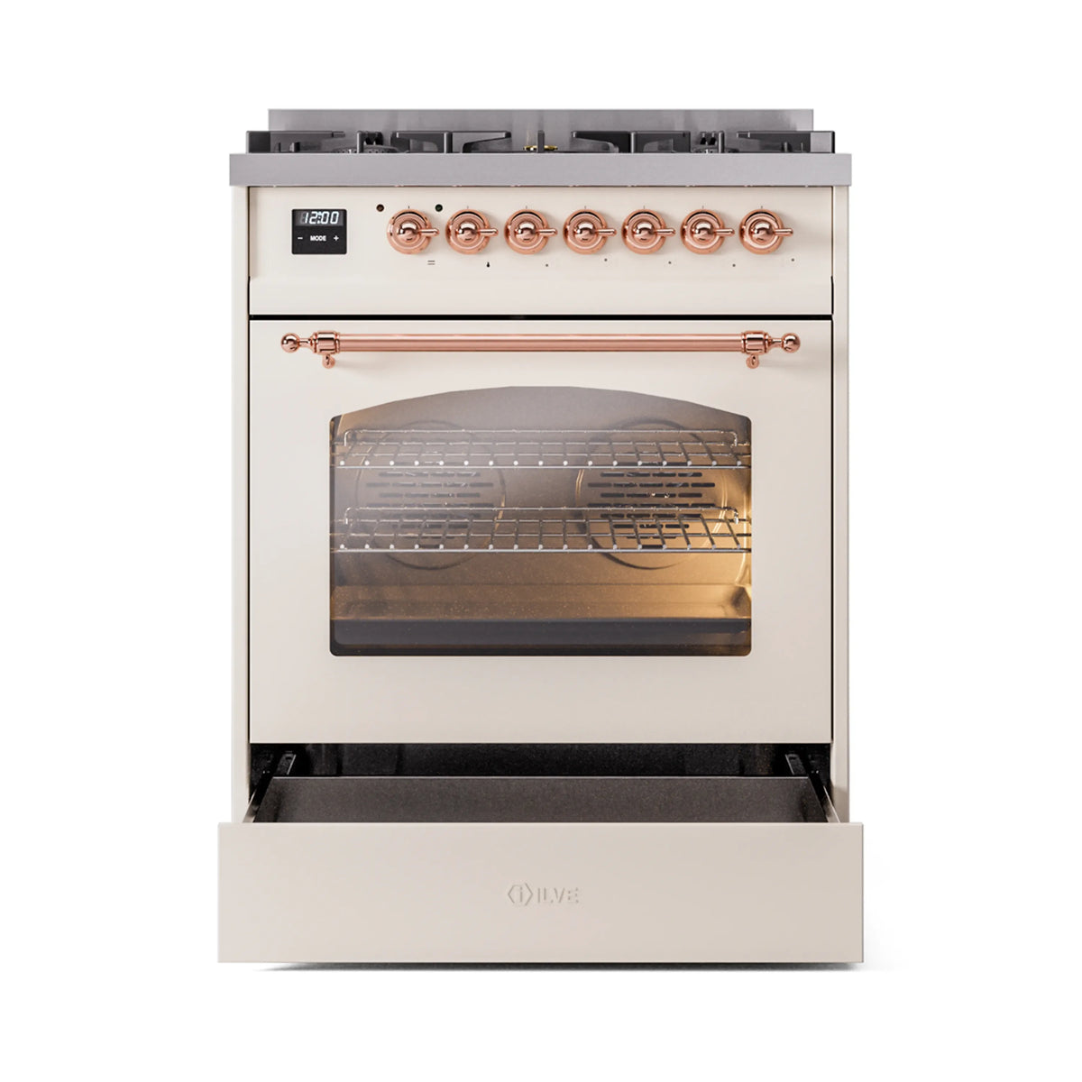 Antique white dual fuel range with open lower compartment and lit glass oven door