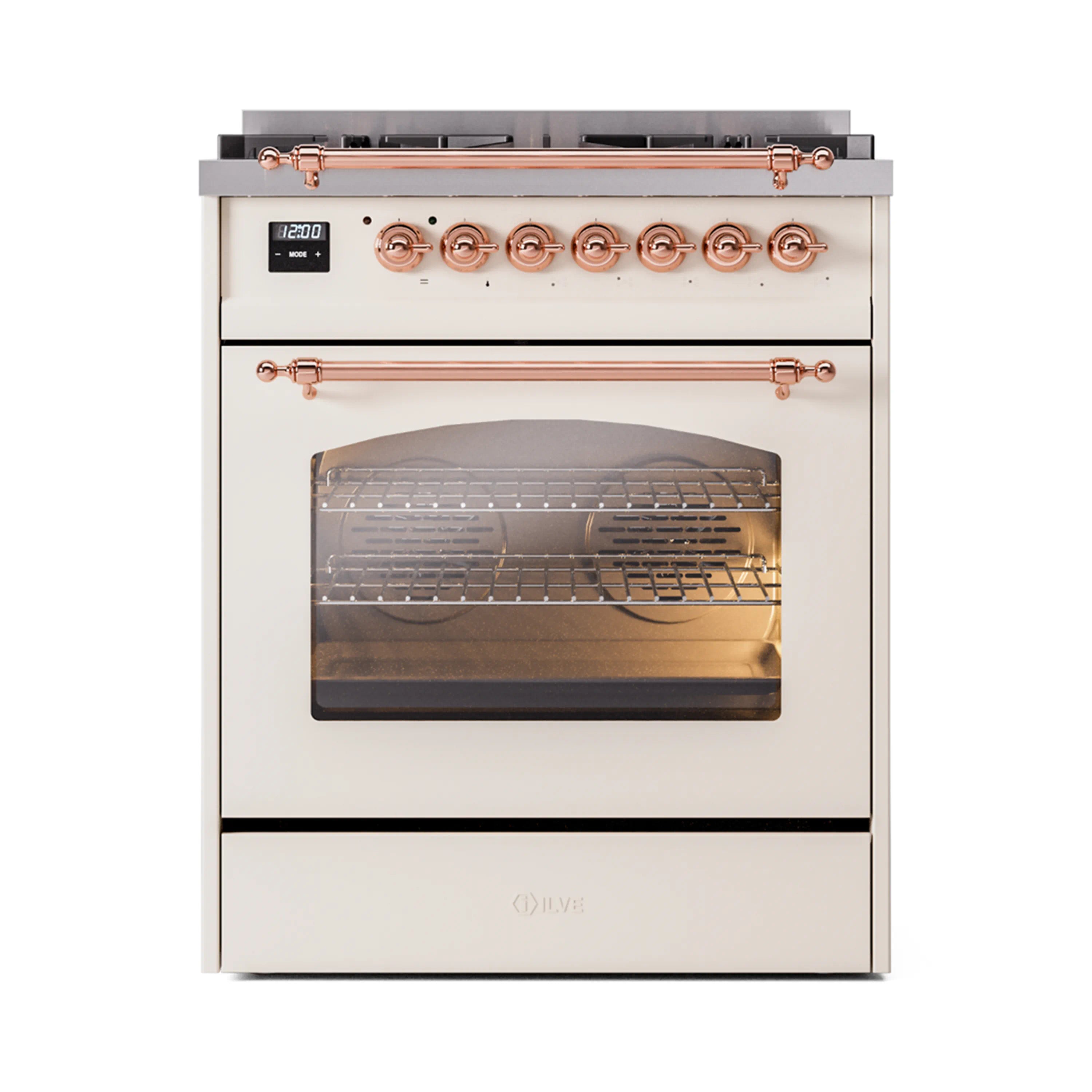 Antique white dual fuel freestanding range with copper control knobs and open oven door