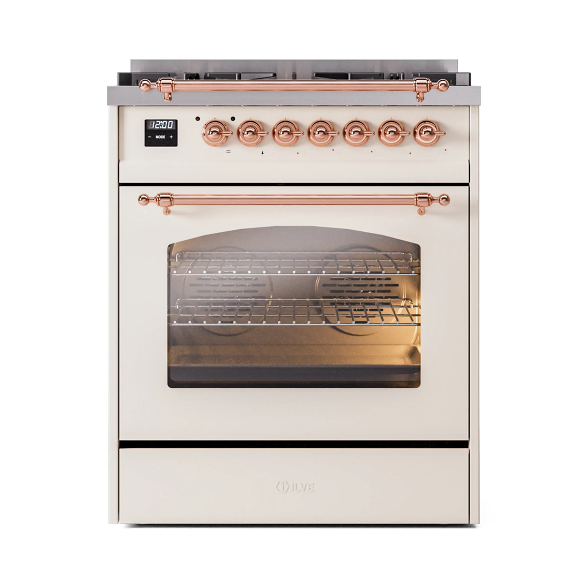 Antique white dual fuel range with lit oven interior behind glass door and copper control accents
