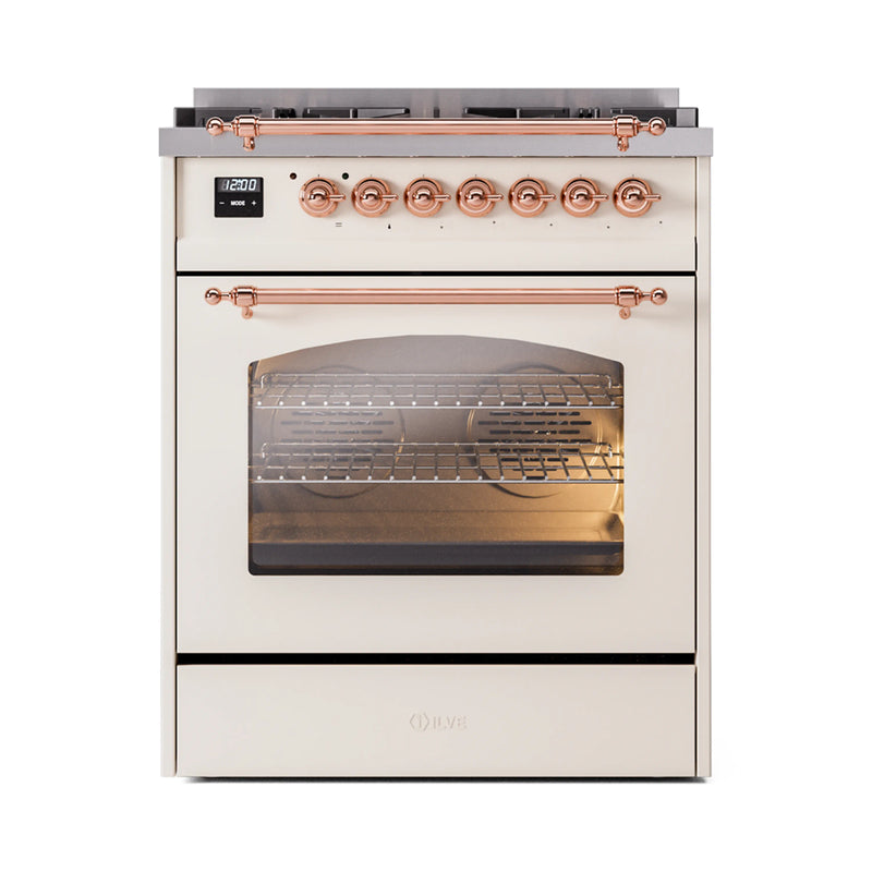 ILVE Nostalgie II 30-Inch Dual Fuel Freestanding Range in Antique White with Copper Trim (UP30NMPAWP)