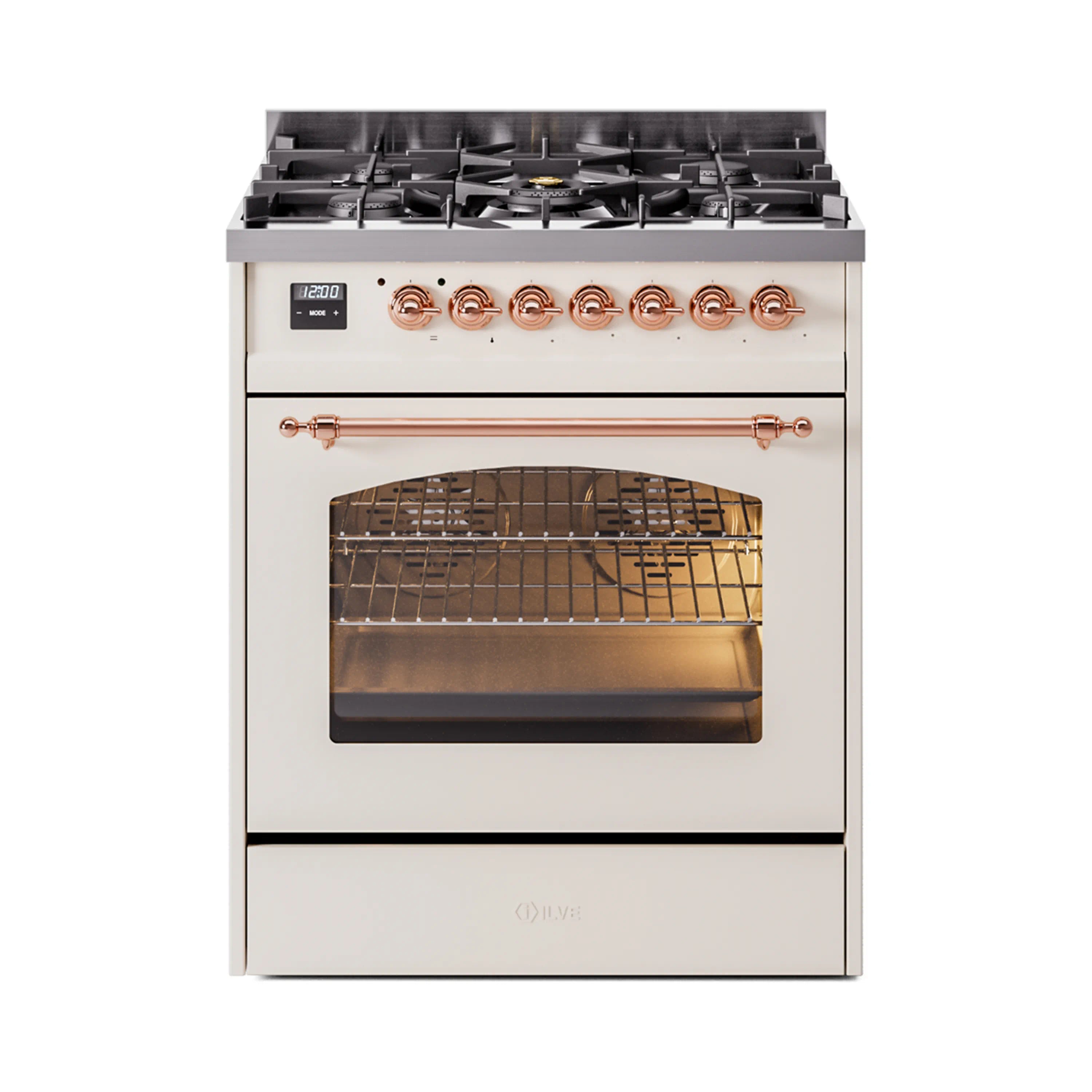 Antique white dual fuel freestanding range with copper handle and open oven window
