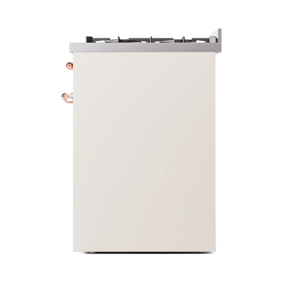 Antique white freestanding range with copper side fittings and top burner grates
