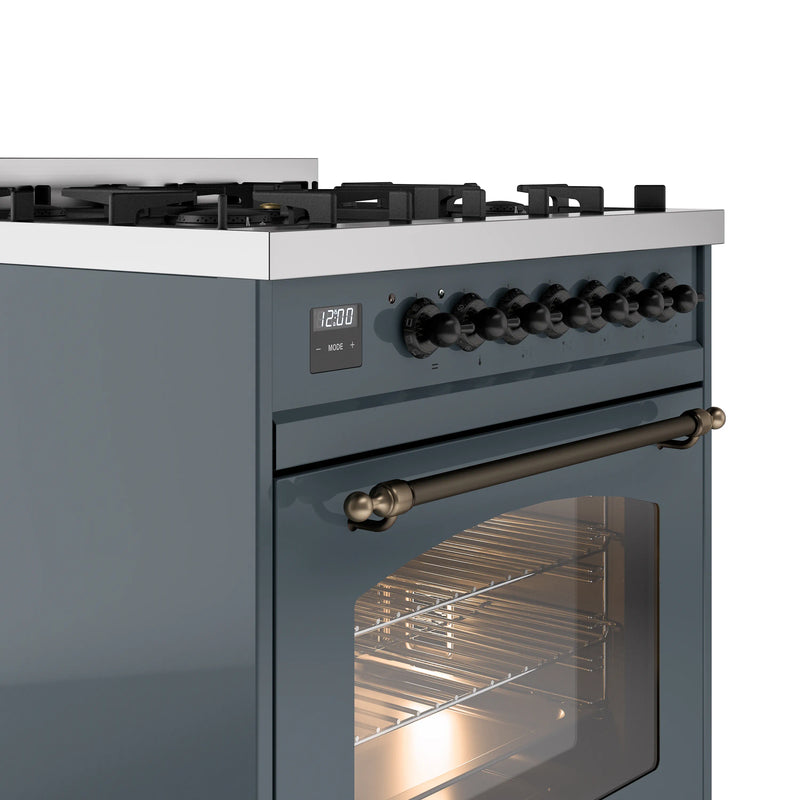 ILVE Nostalgie II 30-Inch Dual Fuel Freestanding Range in Blue Grey with Bronze Trim (UP30NMPBGB)