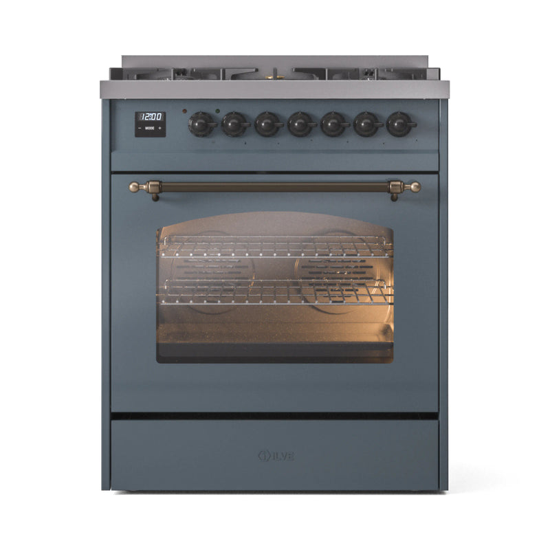 ILVE Nostalgie II 30-Inch Dual Fuel Freestanding Range in Blue Grey with Bronze Trim (UP30NMPBGB)