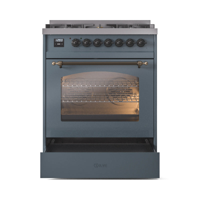 ILVE Nostalgie II 30-Inch Dual Fuel Freestanding Range in Blue Grey with Bronze Trim (UP30NMPBGB)