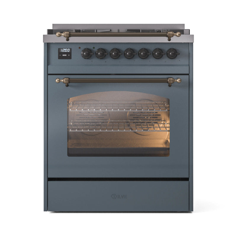 ILVE Nostalgie II 30-Inch Dual Fuel Freestanding Range in Blue Grey with Bronze Trim (UP30NMPBGB)