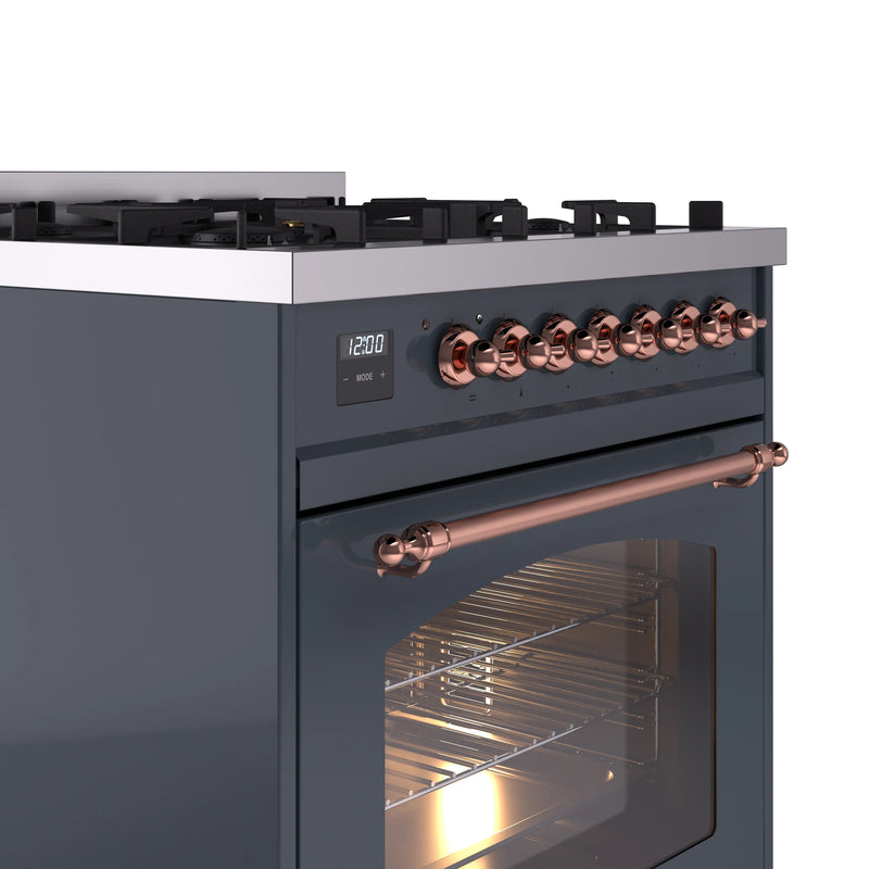 ILVE Nostalgie II 30-Inch Dual Fuel Freestanding Range in Blue Grey with Copper Trim (UP30NMPBGP)