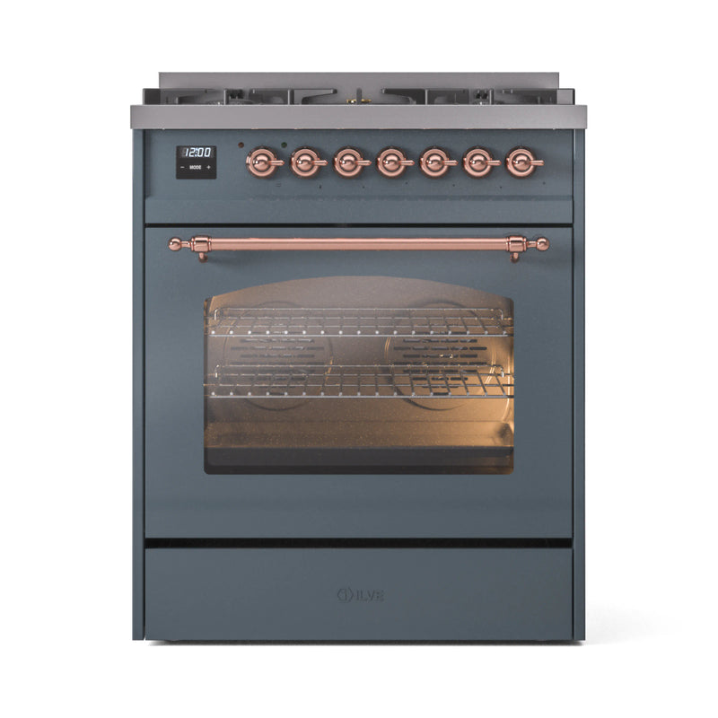 ILVE Nostalgie II 30-Inch Dual Fuel Freestanding Range in Blue Grey with Copper Trim (UP30NMPBGP)