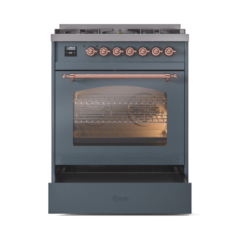 ILVE Nostalgie II 30-Inch Dual Fuel Freestanding Range in Blue Grey with Copper Trim (UP30NMPBGP)