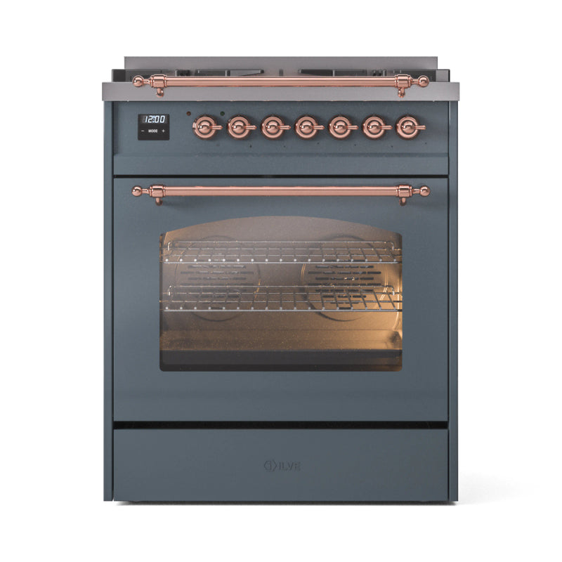 ILVE Nostalgie II 30-Inch Dual Fuel Freestanding Range in Blue Grey with Copper Trim (UP30NMPBGP)