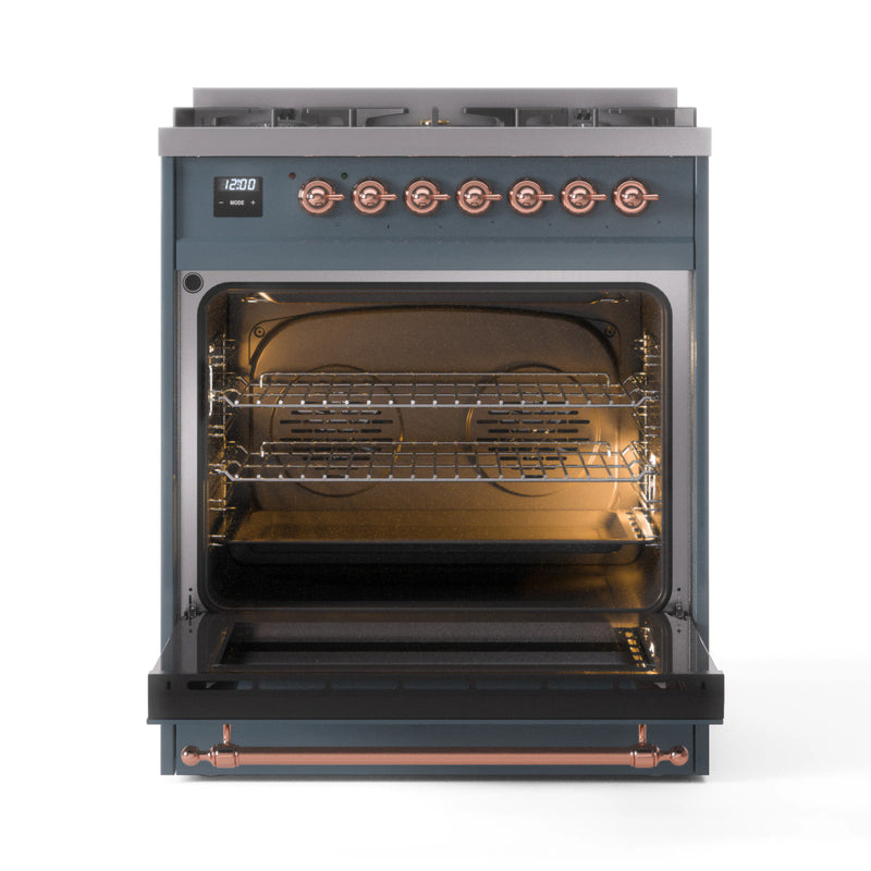 ILVE Nostalgie II 30-Inch Dual Fuel Freestanding Range in Blue Grey with Copper Trim (UP30NMPBGP)