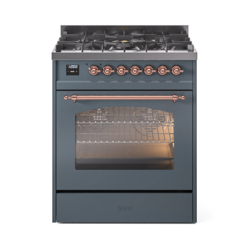 ILVE Nostalgie II 30-Inch Dual Fuel Freestanding Range in Blue Grey with Copper Trim (UP30NMPBGP)