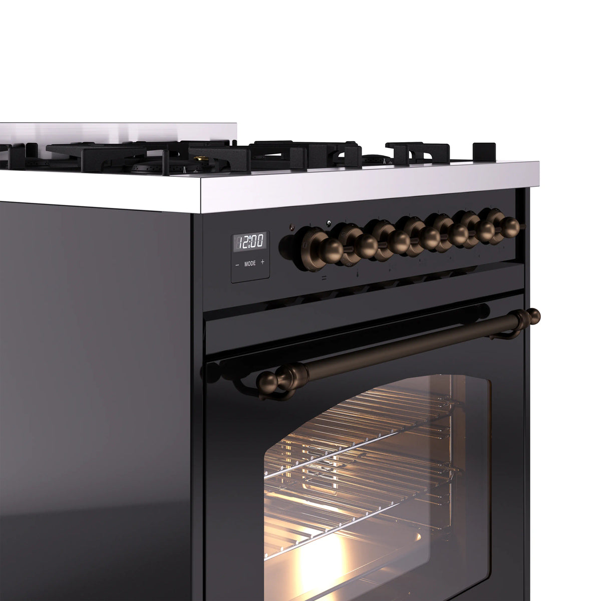 Dual fuel freestanding range control panel with bronze knobs and illuminated oven