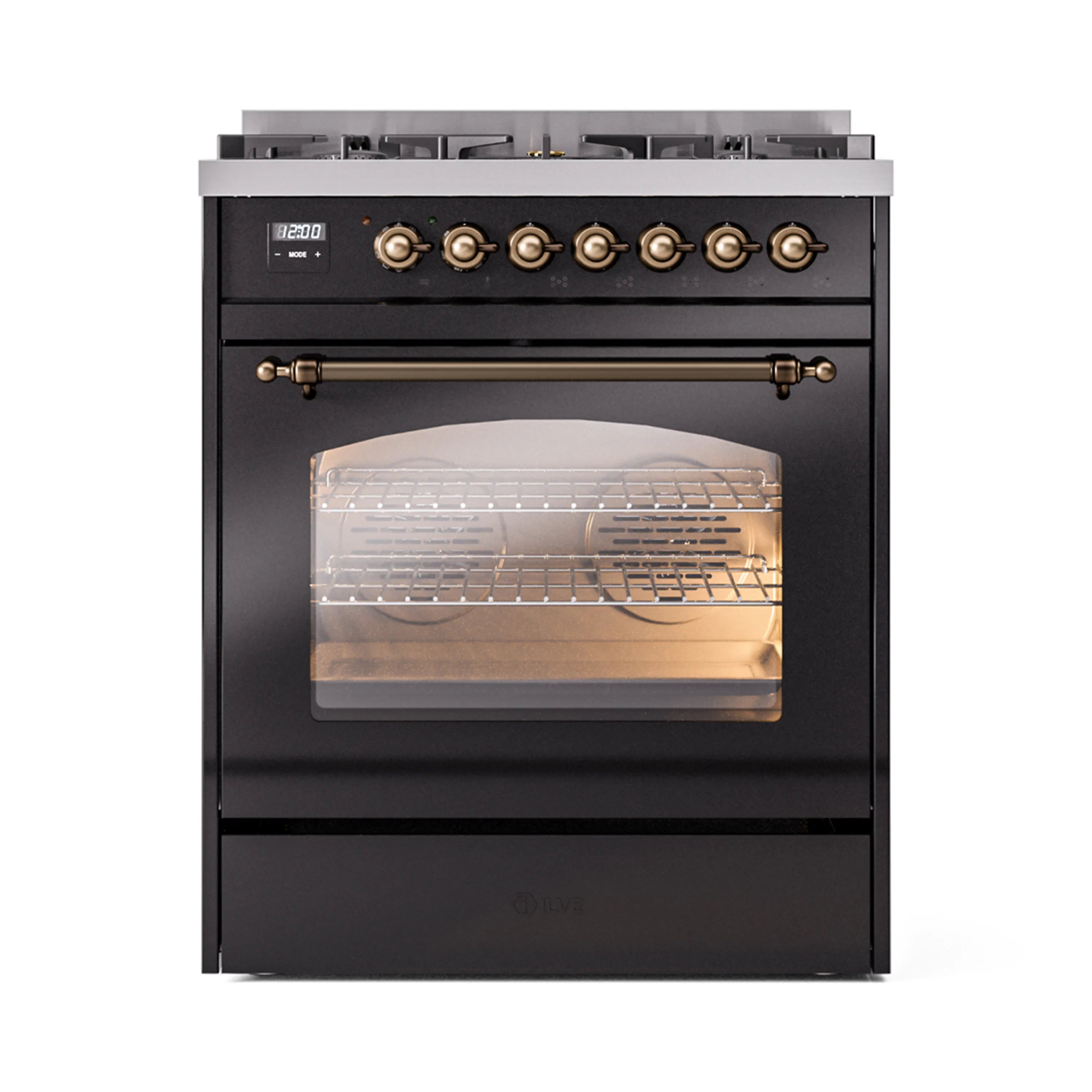 Dual fuel freestanding range, glossy black with bronze trim, oven lit behind glass door