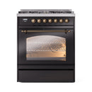ILVE Nostalgie II 30-Inch Freestanding Natural Gas Dual Fuel Range in Glossy Black with Bronze Trim (UP30NMPBKB)