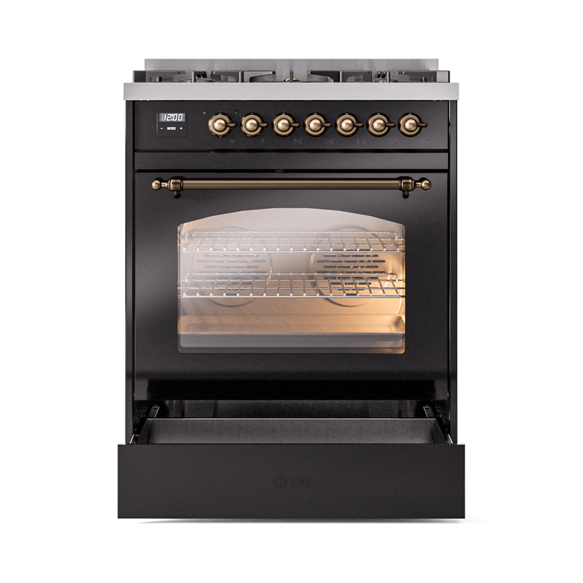 Dual fuel freestanding range, glossy black with bronze trim, lit oven and open lower drawer