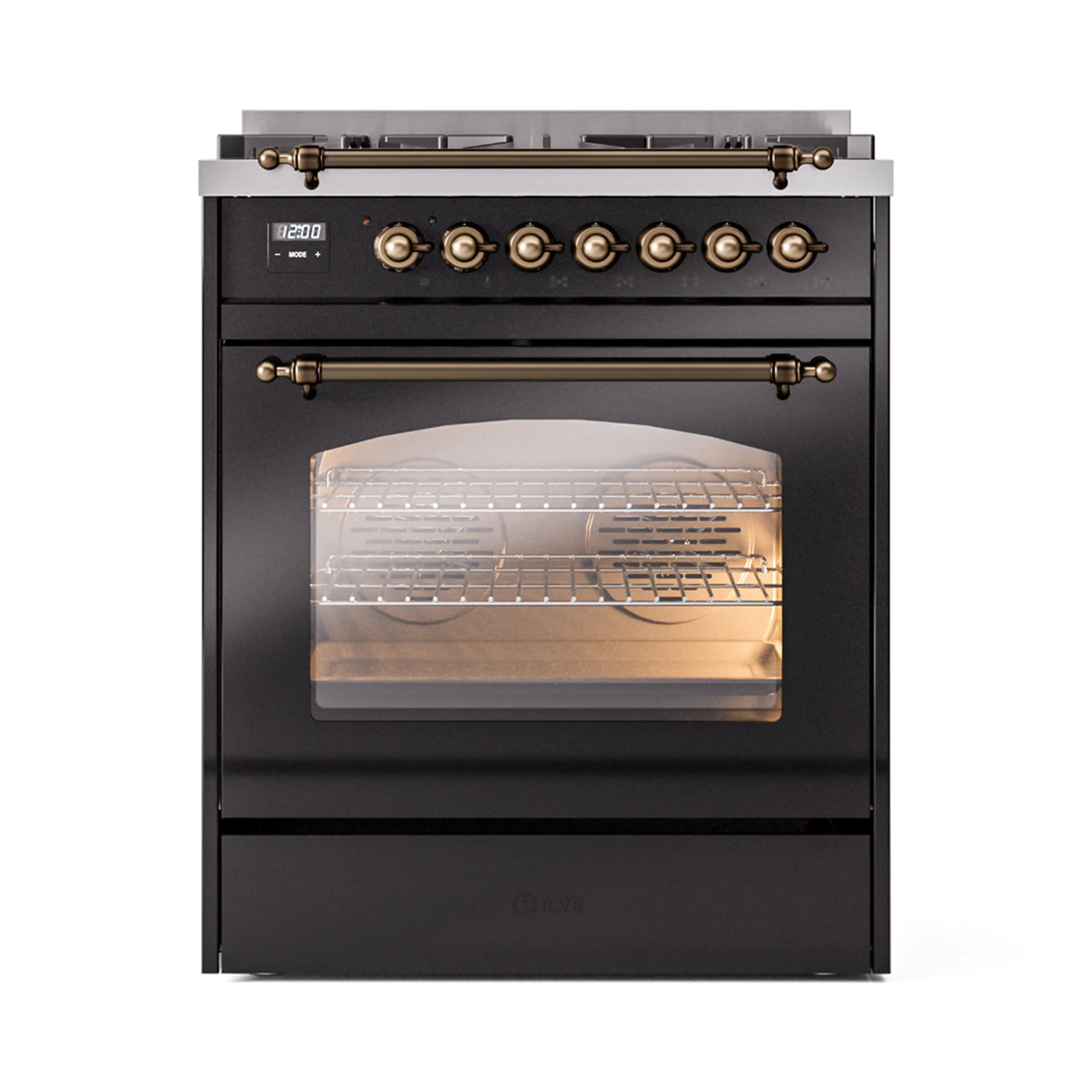 Dual fuel freestanding range front, glossy black with bronze trim, lit oven behind glass