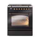 ILVE Nostalgie II 30-Inch Freestanding Natural Gas Dual Fuel Range in Glossy Black with Bronze Trim (UP30NMPBKB)