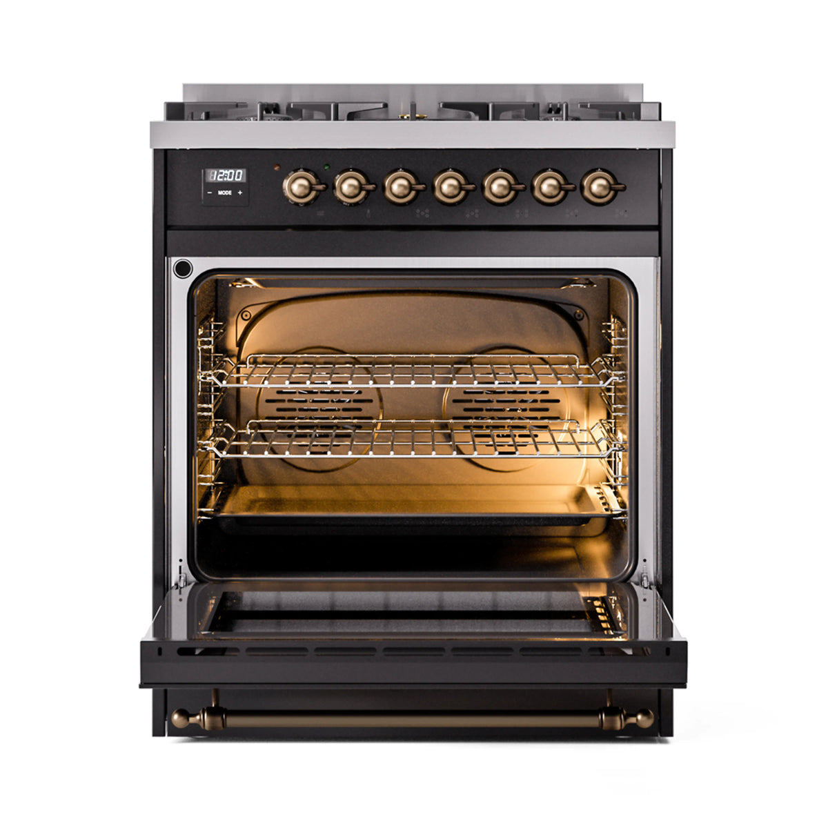 Dual fuel freestanding range, glossy black with bronze trim, oven open and burners on top