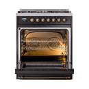 ILVE Nostalgie II 30-Inch Freestanding Natural Gas Dual Fuel Range in Glossy Black with Bronze Trim (UP30NMPBKB)