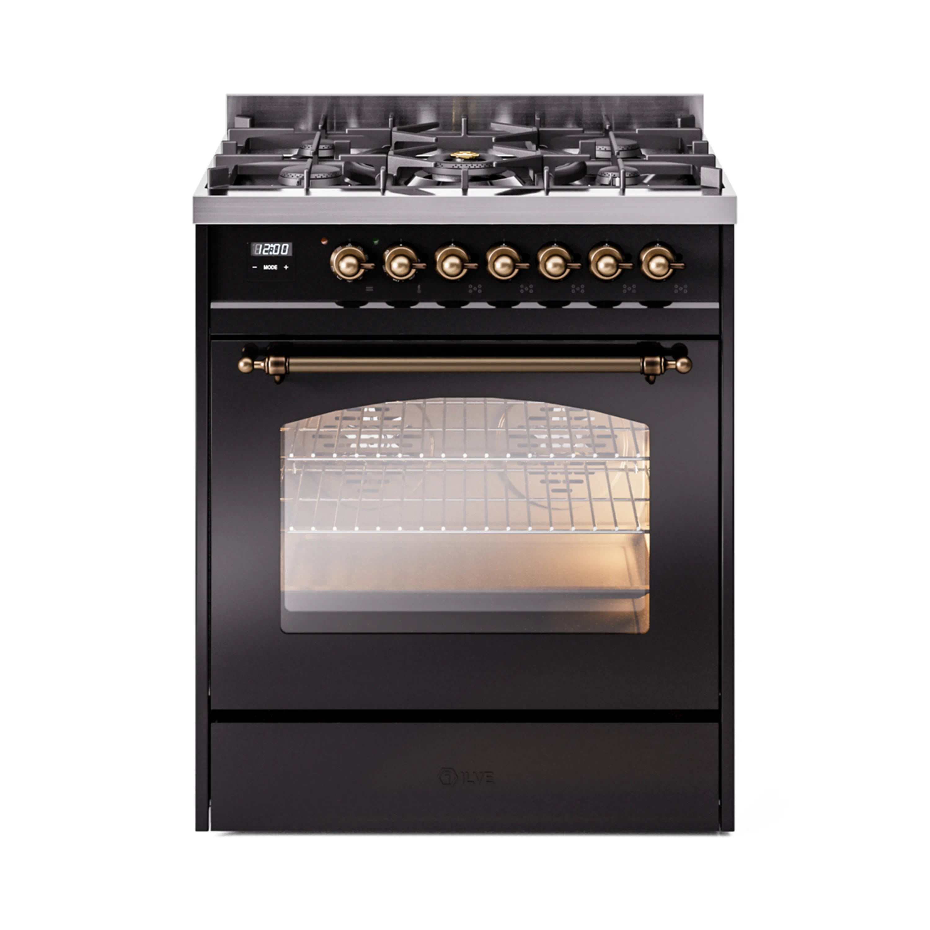 Dual fuel freestanding range, glossy black with bronze trim, oven light through glass window