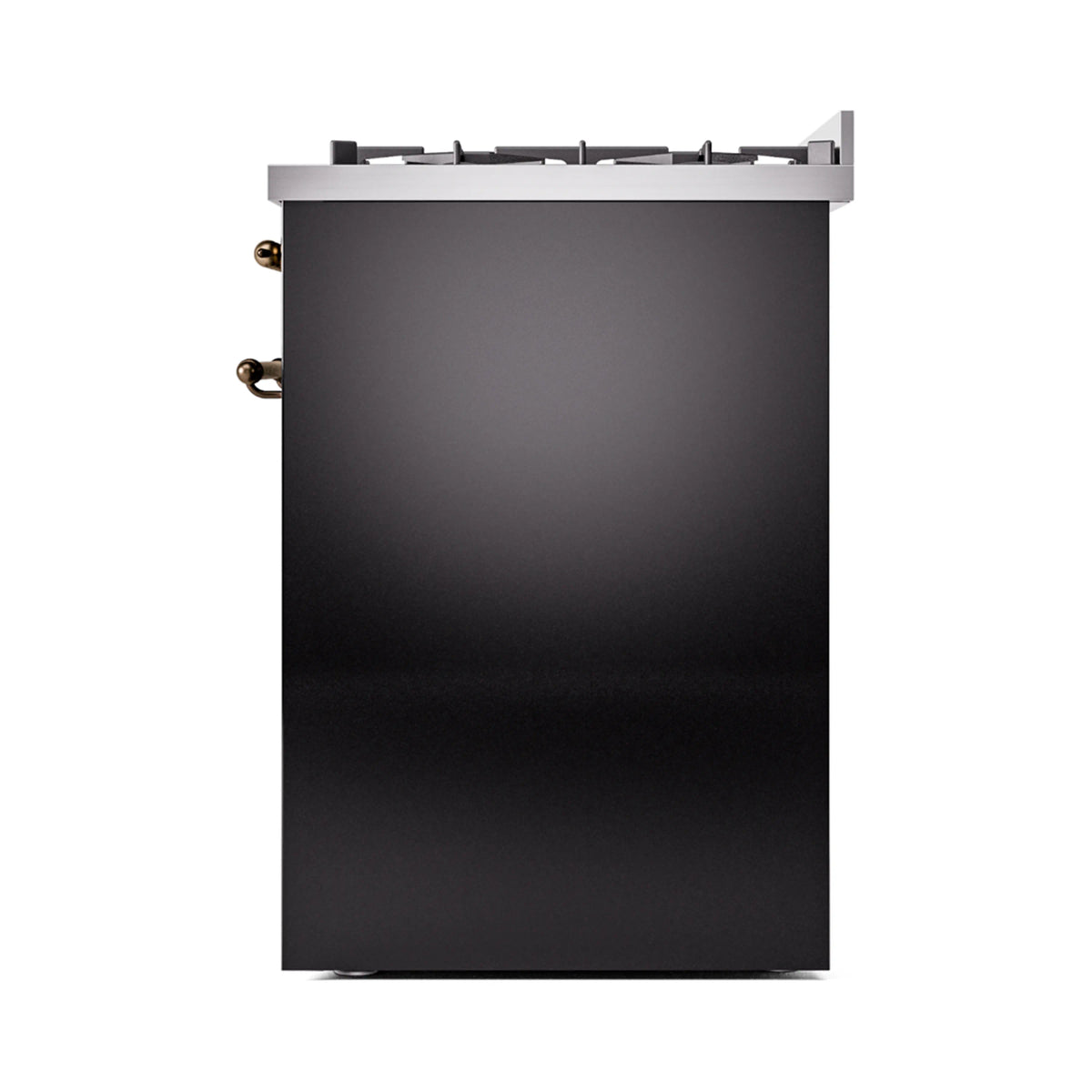 Dual fuel freestanding range side panel in glossy black with bronze control knobs