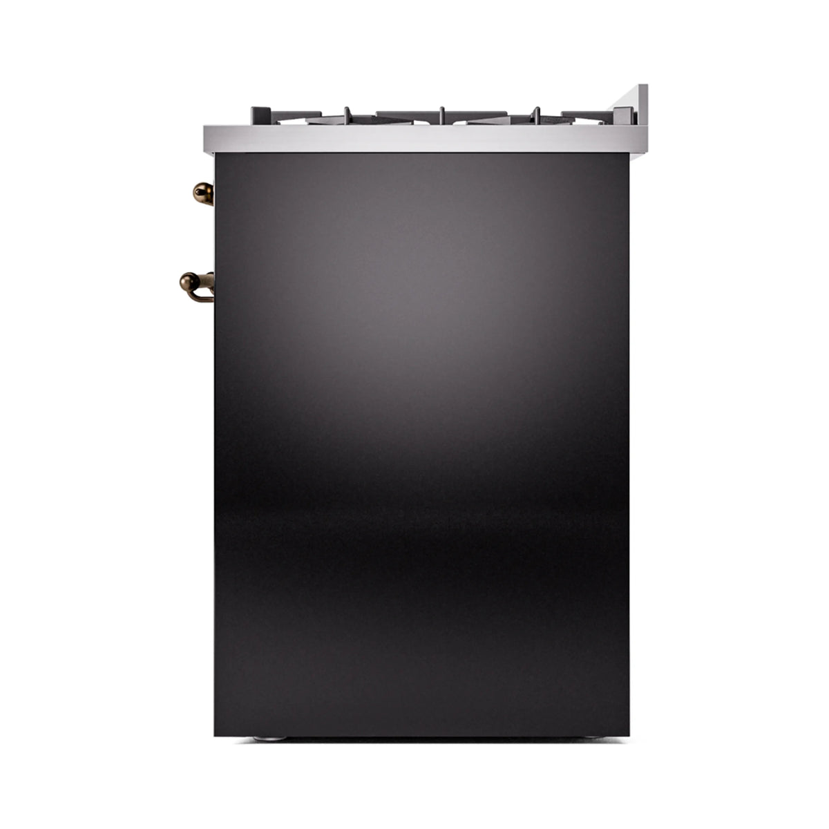 ILVE dual fuel range side panel in glossy black with bronze trim and control knobs