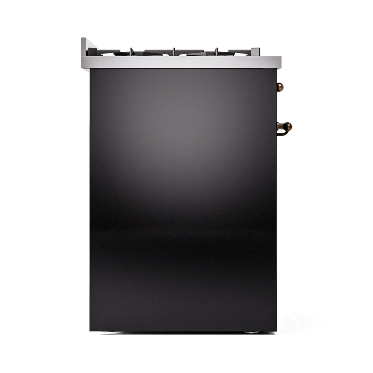 Dual fuel freestanding range side view, glossy black with bronze knobs and burner grates