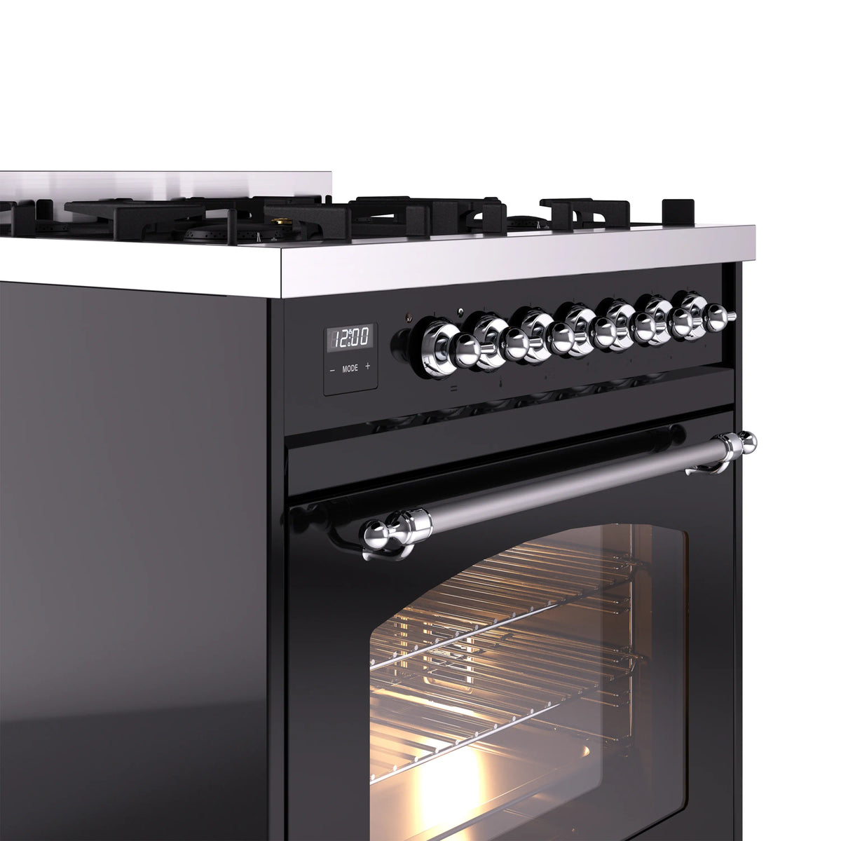 Freestanding dual fuel range, glossy black with chrome knobs and burner grates.