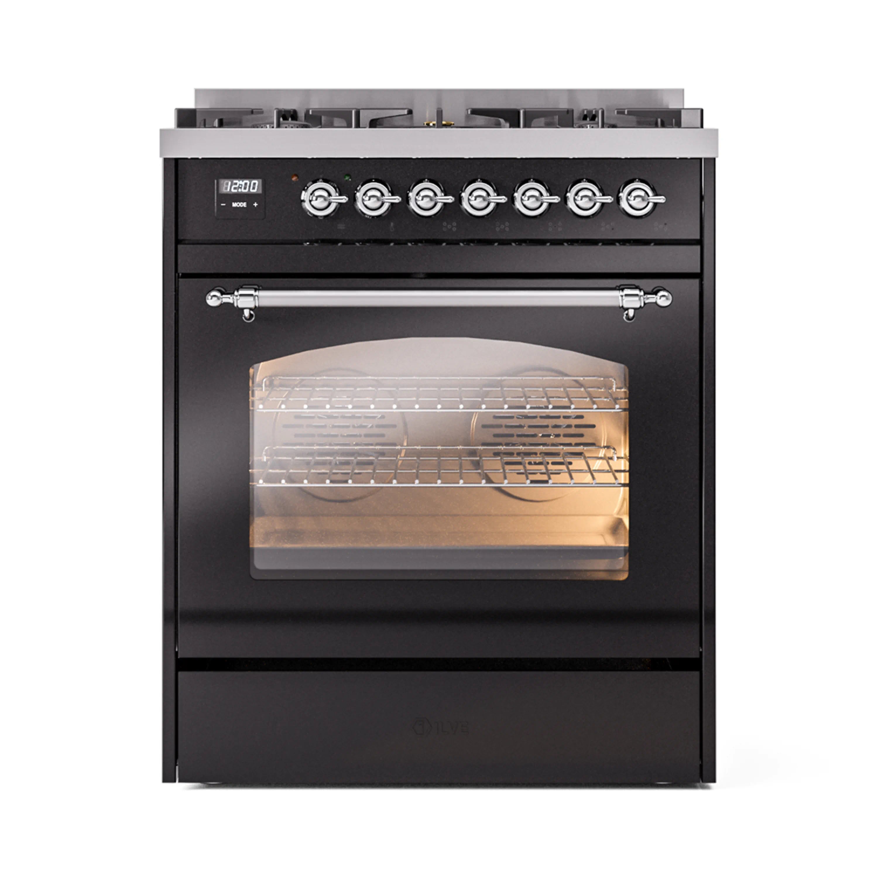 Freestanding range front, glossy black with chrome control knobs and oven door window.