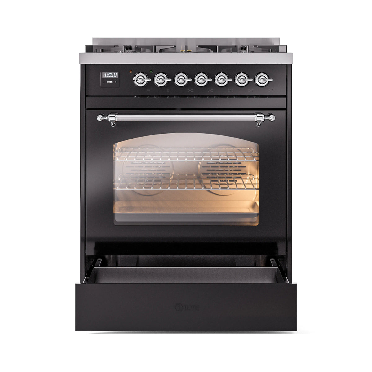 Freestanding range with oven door open, glossy black body and lit interior racks.