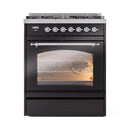 ILVE Nostalgie II 30-Inch Freestanding Natural Gas Dual Fuel Range in Glossy Black with Chrome Trim (UP30NMPBKC)
