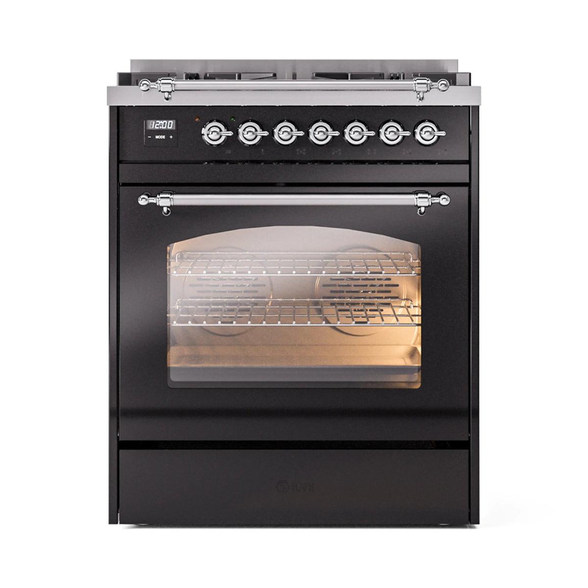 Freestanding range front view, glossy black with chrome knobs and lit oven window.