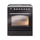 ILVE Nostalgie II 30-Inch Freestanding Natural Gas Dual Fuel Range in Glossy Black with Chrome Trim (UP30NMPBKC)