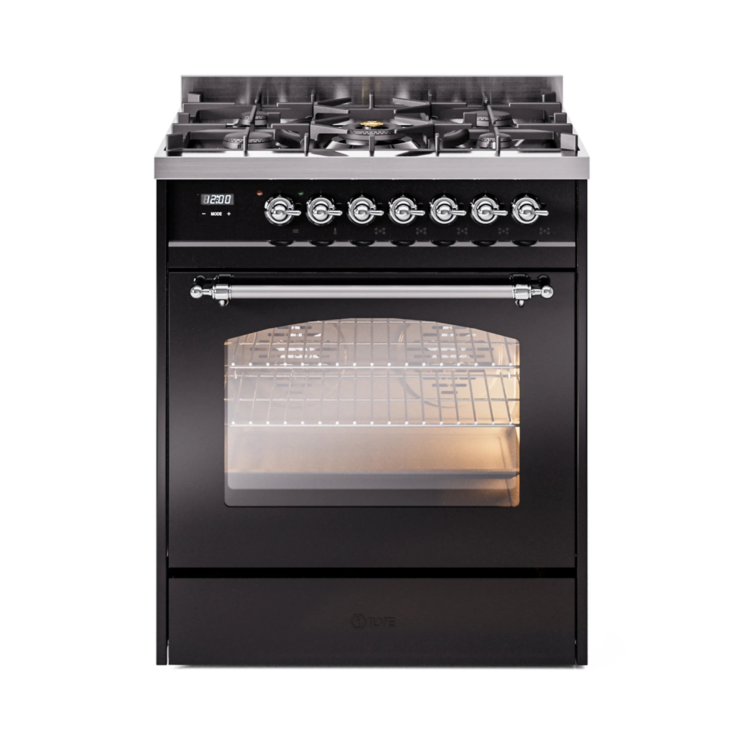Freestanding range with lit oven window, glossy black front and chrome control knobs.