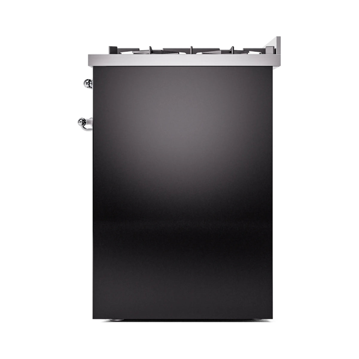Glossy black freestanding range side panel with chrome knobs and cooktop grates