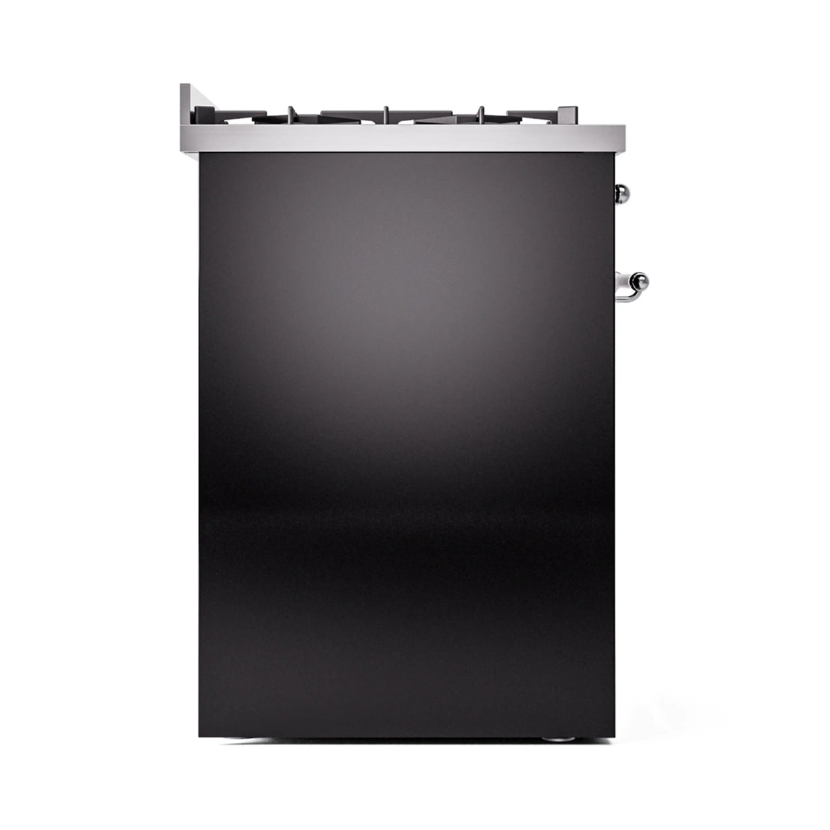 Freestanding range back panel, glossy black with chrome knobs and control hardware.