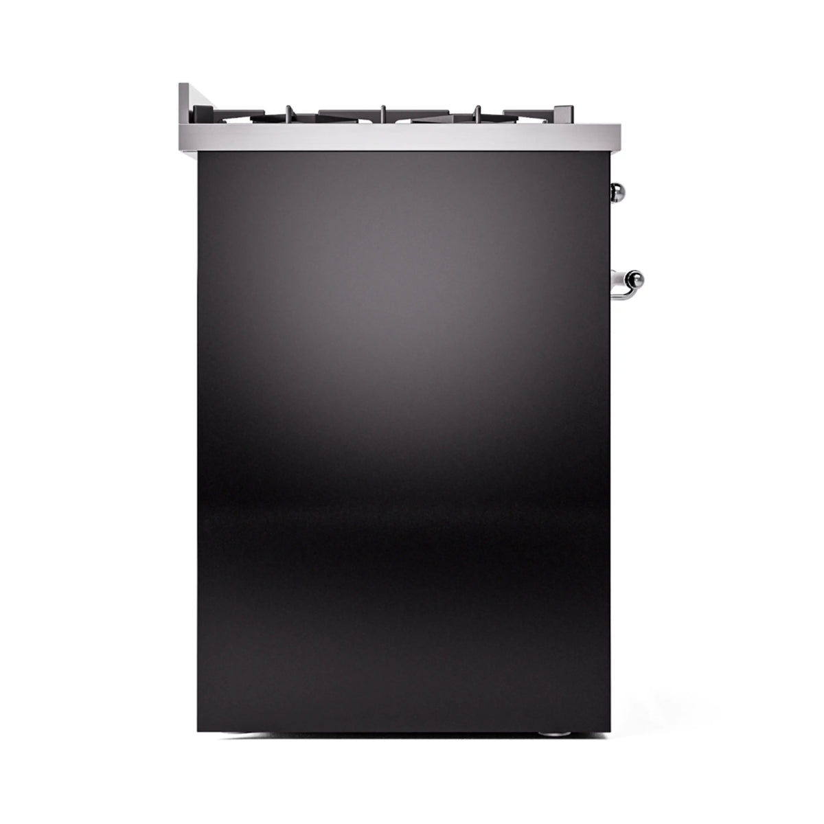 Glossy black freestanding range side panel with chrome side controls and cooktop grates