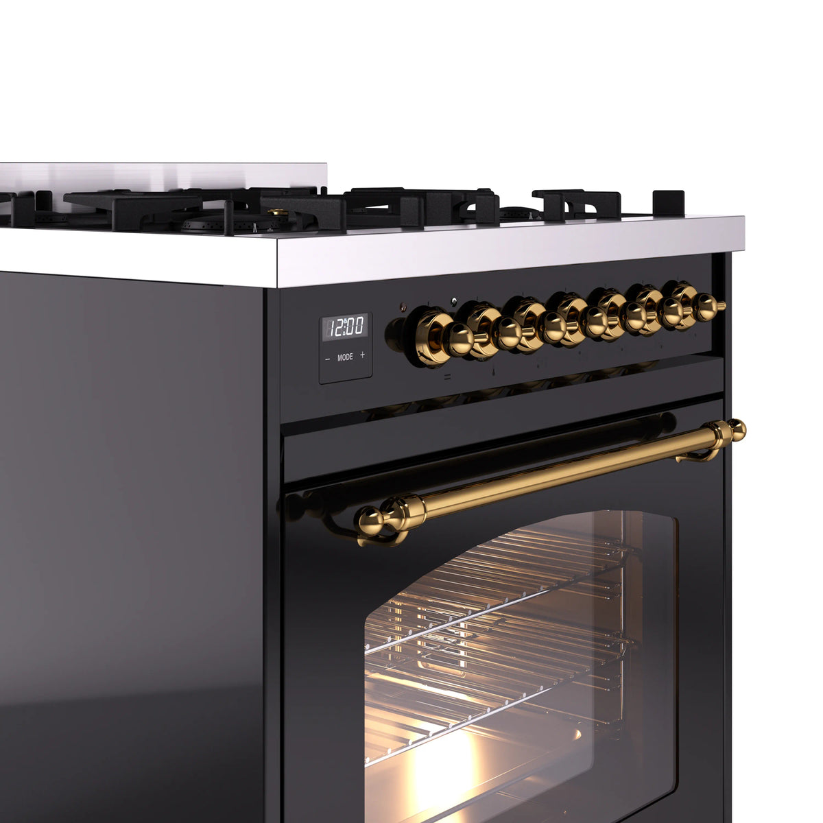 Glossy black control panel with brass knobs and oven handle, door partly open