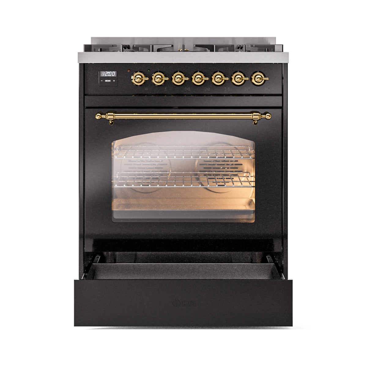 Glossy black dual fuel range with brass oven door handle and viewing window