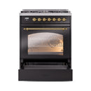 ILVE Nostalgie II 30-Inch Freestanding Natural Gas Dual Fuel Range in Glossy Black with Brass Trim (UP30NMPBKG)