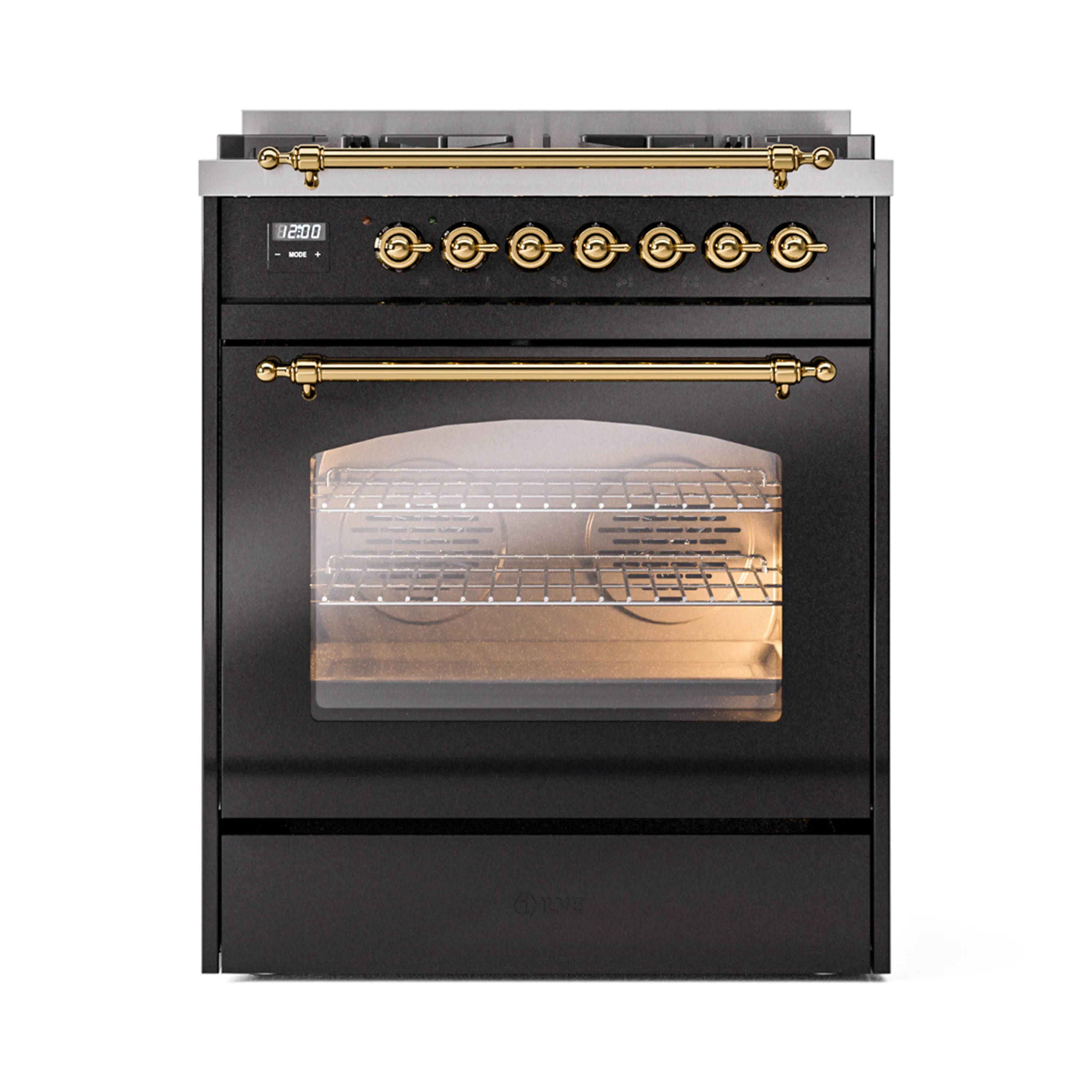 Glossy black range with brass control knobs and oven viewing window
