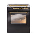 ILVE Nostalgie II 30-Inch Freestanding Natural Gas Dual Fuel Range in Glossy Black with Brass Trim (UP30NMPBKG)