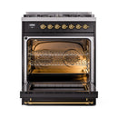ILVE Nostalgie II 30-Inch Freestanding Natural Gas Dual Fuel Range in Glossy Black with Brass Trim (UP30NMPBKG)