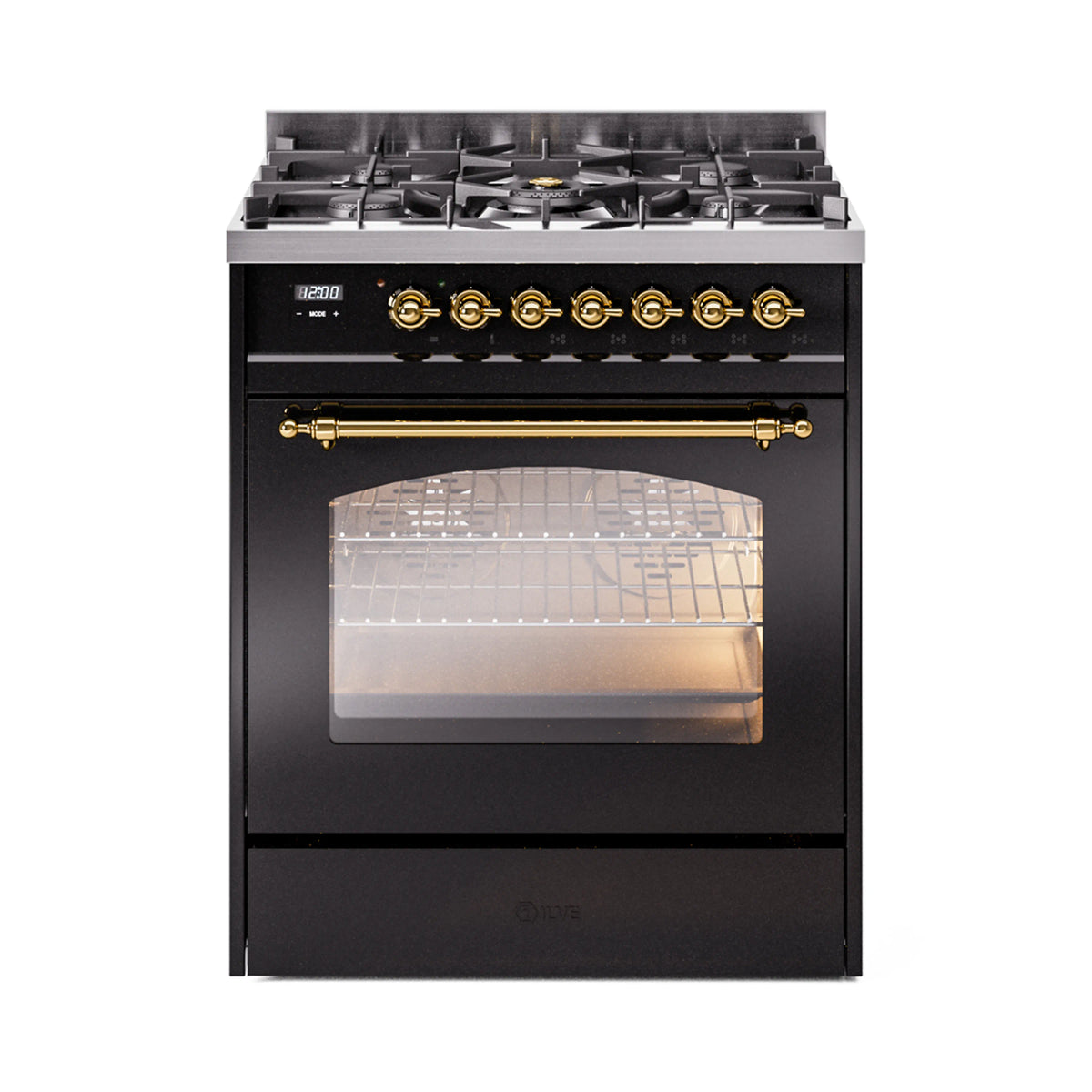 Freestanding dual fuel range, glossy black with brass-trim burner knobs and closed oven door