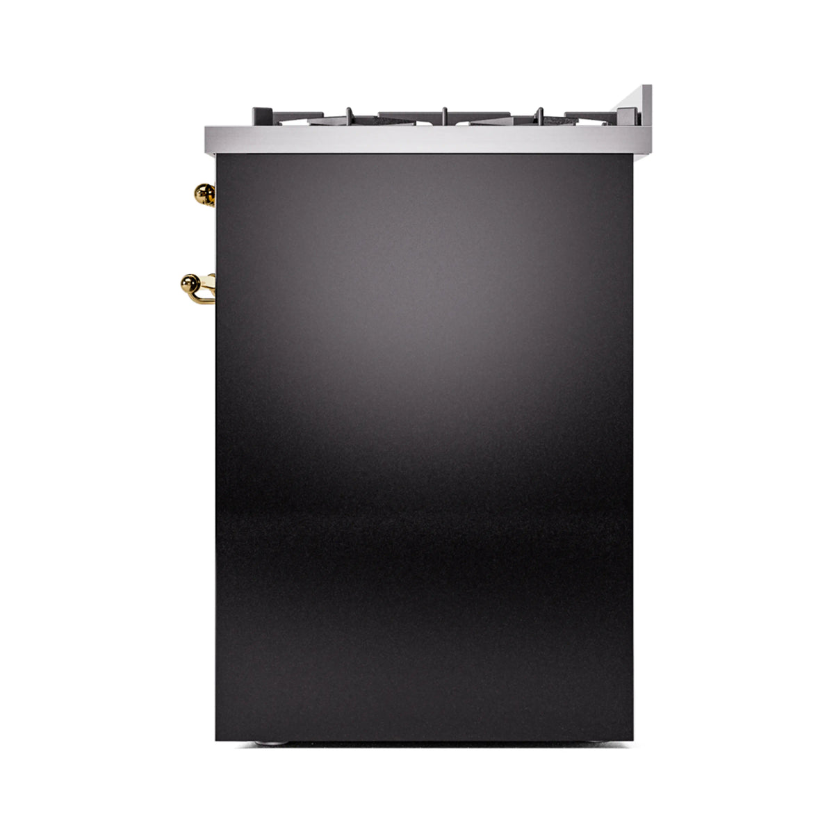 Back view of glossy black dual fuel range with brass side controls and grates