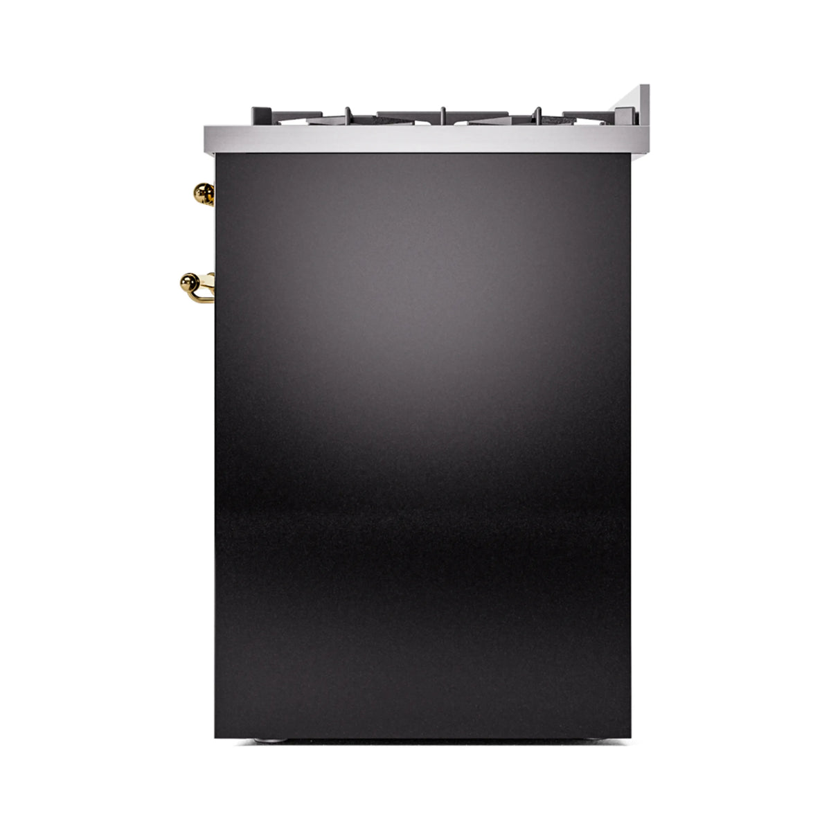 Freestanding dual fuel range side panel, glossy black finish with brass hardware and cooktop