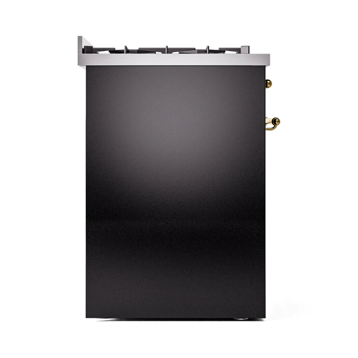 Side view of glossy black dual fuel range with brass knobs and cooktop grates