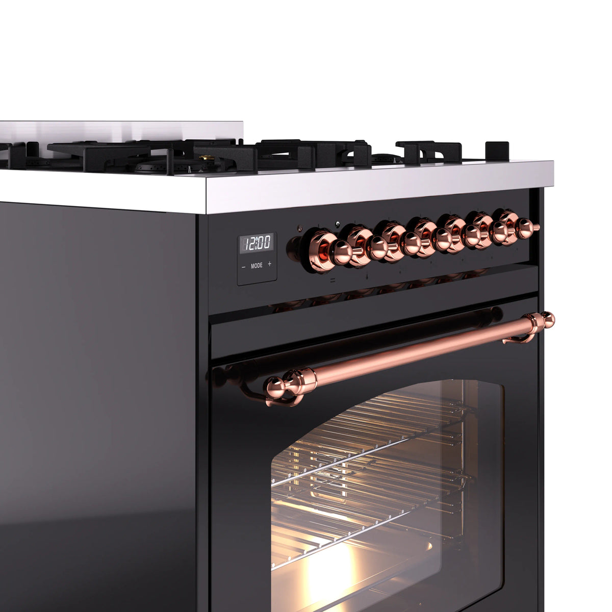 Freestanding dual fuel range control panel with copper knobs and copper oven handle