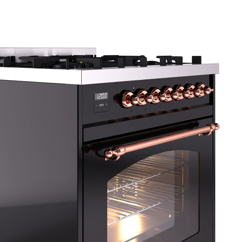 ILVE Nostalgie II 30-Inch Dual Fuel Freestanding Range in Glossy Black with Copper Trim (UP30NMPBKP)